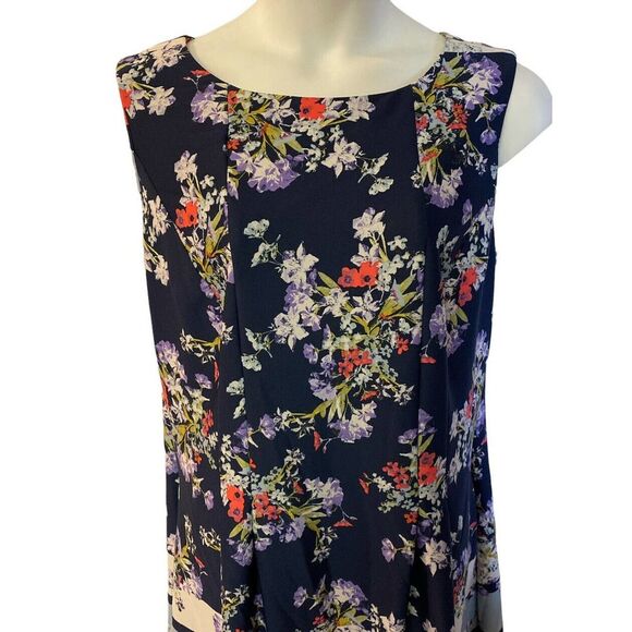 TAYLOR Pleated Pocket Floral Border Navy Coral Office Party Scuba Knit Dress - Picture 7 of 12